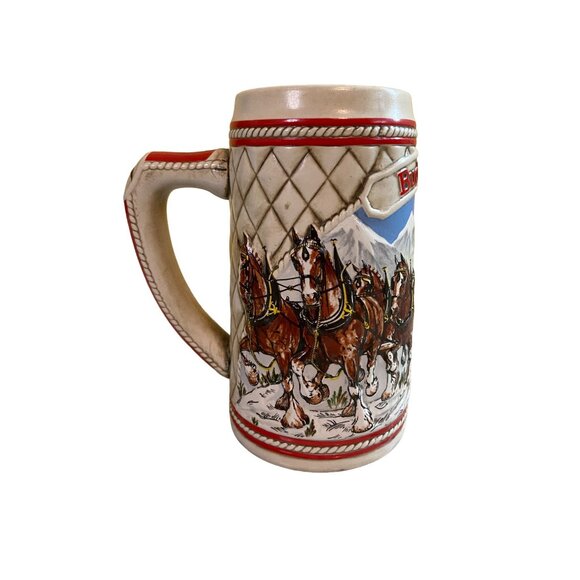 1985 Budweiser Holiday Stein A Series Clydesdales Snow Mountains Vtg Ceramarte - Picture 4 of 5